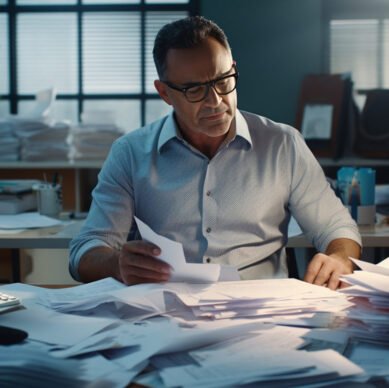 A middle-aged man at an office desk with a pile of unsorted papers and documents. Overworking concept.