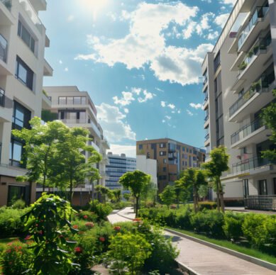 Cityscape of a residential area with modern apartment buildings, new green urban landscape in the city