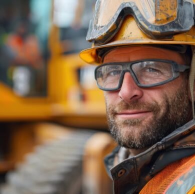 A satisfied man in protective gear poses at a construction site, showcasing his commitment to safety and professionalism in his work