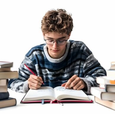 Student studying and taking notes surrounded by books at a desk