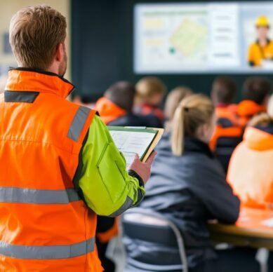 Construction site supervisor holding a clipboard and watching his team during mandatory safety training in a classroom