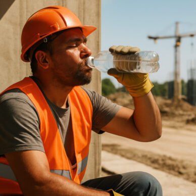 Construction worker wearing safety gear, taking a break to hydrate with water bottle, surrounded by construction site and machinery, emphasizing heatwave protection and health awareness
