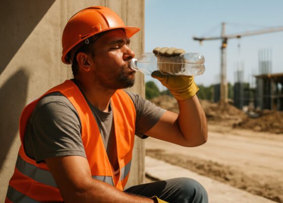 Construction worker wearing safety gear, taking a break to hydrate with water bottle, surrounded by construction site and machinery, emphasizing heatwave protection and health awareness