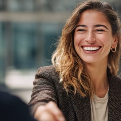 A smiling woman extending her hand for a handshake in a professional setting, symbolizing connection and collaboration.