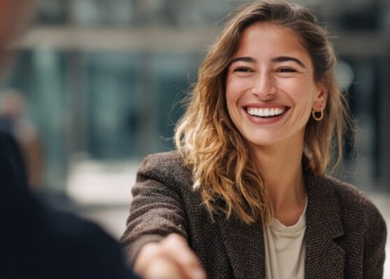 A smiling woman extending her hand for a handshake in a professional setting, symbolizing connection and collaboration.