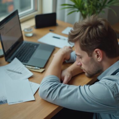 Tired man at desk, overworked. Laptop, papers. Office fatigue, work stress, burnout concept. Remote job at home. Overwhelmed worker. Workplace frustration. Procrastination lack of sleep.