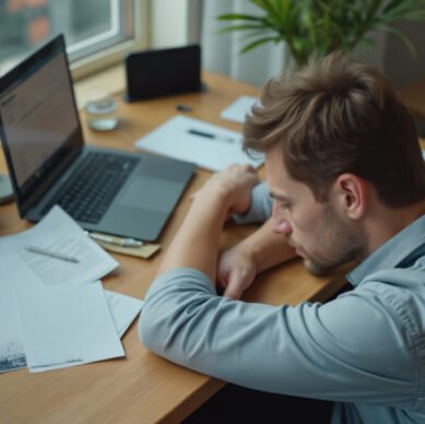 Tired man at desk, overworked. Laptop, papers. Office fatigue, work stress, burnout concept. Remote job at home. Overwhelmed worker. Workplace frustration. Procrastination lack of sleep.