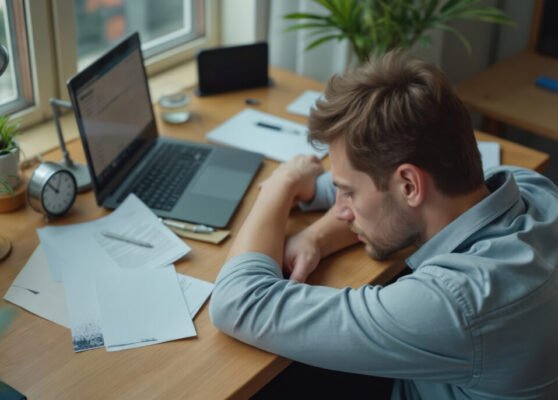 Tired man at desk, overworked. Laptop, papers. Office fatigue, work stress, burnout concept. Remote job at home. Overwhelmed worker. Workplace frustration. Procrastination lack of sleep.