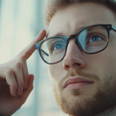 Low-angle cinematic close-up of a bright 30-year-old man with an intelligent look