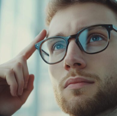 Low-angle cinematic close-up of a bright 30-year-old man with an intelligent look