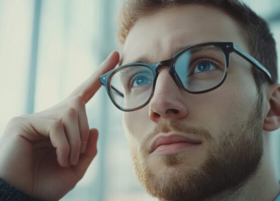Low-angle cinematic close-up of a bright 30-year-old man with an intelligent look
