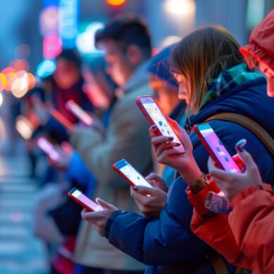 Multiple individuals standing closely together, holding cell phones in their hands.